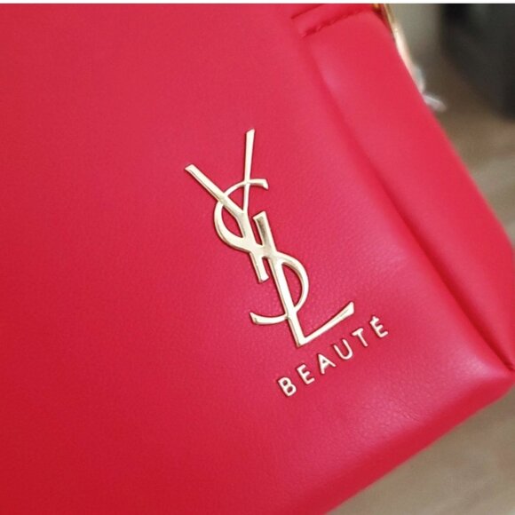 Yves Saint Laurent YSL Beaute Red Leather Embellished Cosmetic Pouch Travel Bag - Picture 9 of 11